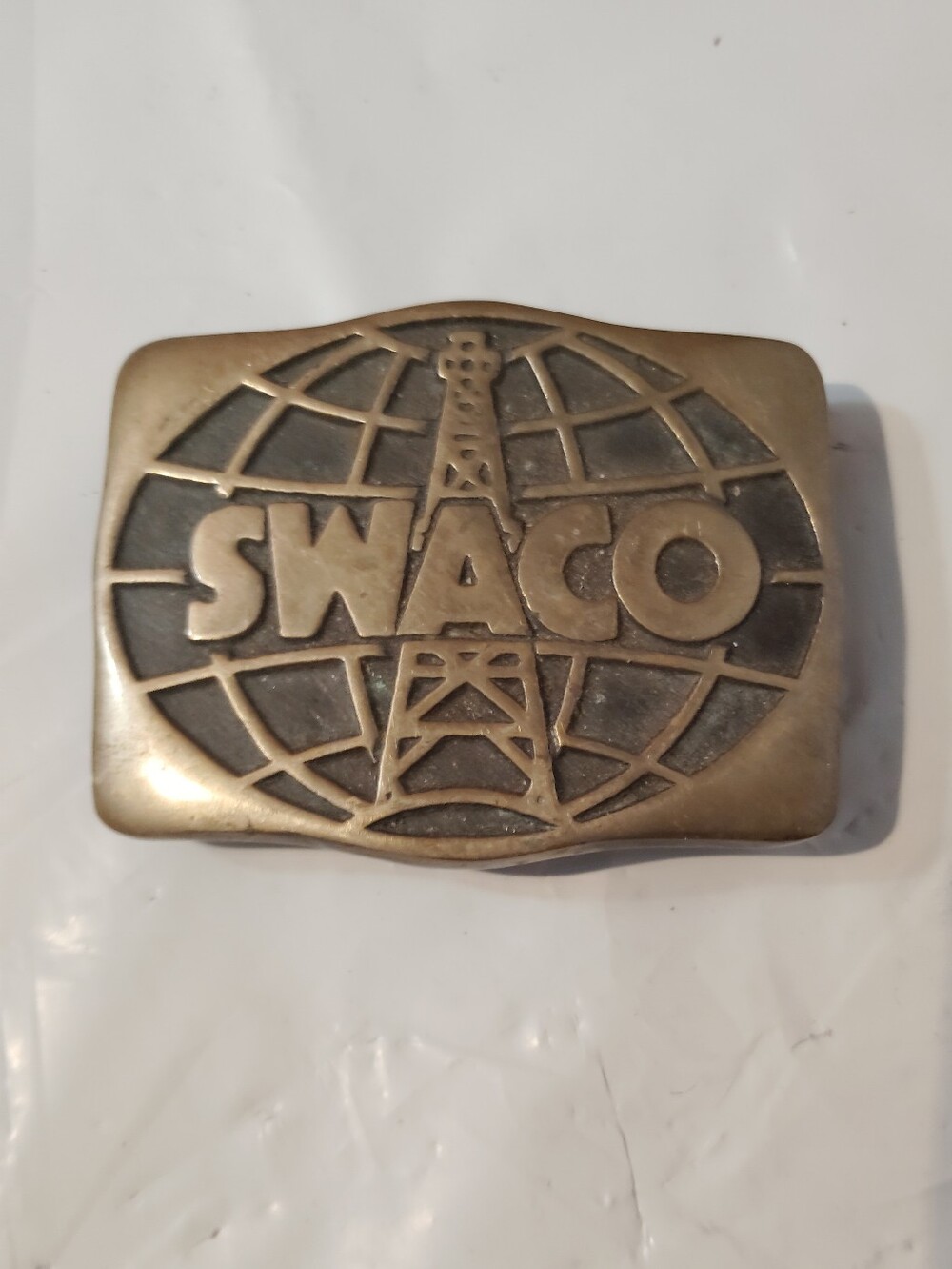 Vintage Brass SWACO Belt Buckle Oilfield Derrick Globe Gas Oil Memorabilia USA